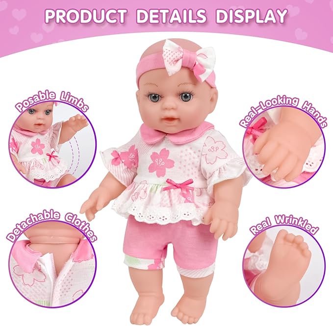 DONTNO 12 Inch Pink Baby Doll with Bassinet Bed,Reborn Baby Doll Includes Clothes and Accessories,Bottles,Nipple,Burp Cloth,Diaper,First Baby Dolls for Toddlers 36 Months and Up
