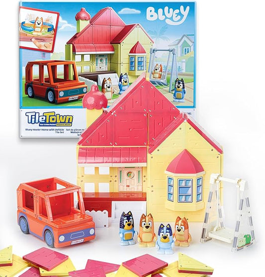 Tile Town Bluey Heeler Home Magnetic Tiles Playset – 46-Piece STEM Building Set, Includes Magnetic Bluey & Bingo Figures, Action Tiles, Creative Construction Toy for Kids Ages 3+ Amazon Exclusive