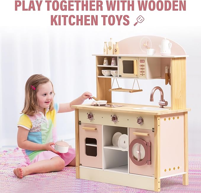 ROBOTIME Wooden Play Kitchen Set, Pretend Play Kitchen Set for Kids with Realistic Design, Kids & Toddlers Kitchen Playset with Dishwasher, Toy Kitchen Set for Boys and Girls Ages 3+ (Pink)