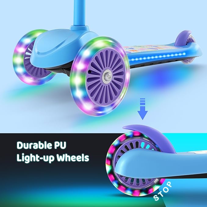 TONBUX Kids Scooter for Ages 3-5, Toddler Scooter with Light-Up Deck and Wheels, Adjustable 4-Level Height 3-Wheel Scooter for Kids, Lean-to-Steer Design