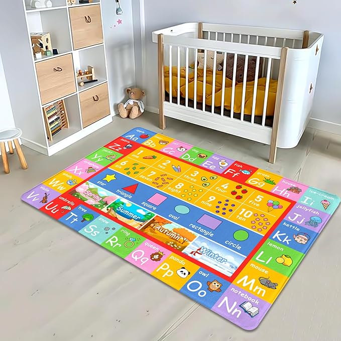 3x5 Alphabet Kids Play Rug for Playroom, Summer Non Slip Educational Rugs Learning Numbers Mat for Boys Girls, Preschool ABC Baby Floor Mats for Classroom Kids Room Toddlers Nursery Carpets