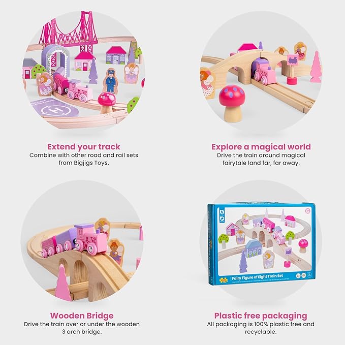 Bigjigs Rail Fairy Figure Of Eight Train Set - 35pc Pink Wooden Railway, Toy Trains & Accessories, Princess Toys For Kids, Compatible With Most Other Rail Brands, 3 Years Old +