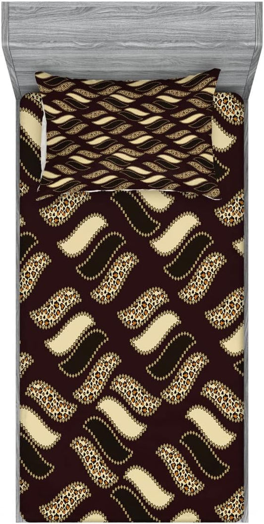 Ambesonne Brown 2 Pack Fitted Sheet & Pillow Sham Set, Cheetah Skin Pattern Savannah, 4 Pcs Bedding Decor, Package Contains 2 Twin Size Fitted Sheets & 2 Pillow Covers, Redwood Brown