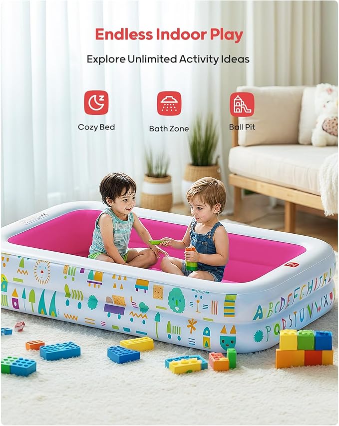 QPAU Kiddie Pool – 65" x 39" Inflatable Pool for Kids & Toddlers, Ball Pit & Baby Pool with Soft Floor, Educational Alphabet & Number, Durable Outdoor Play Toys for Backyard & Indoor Fun (Pink)