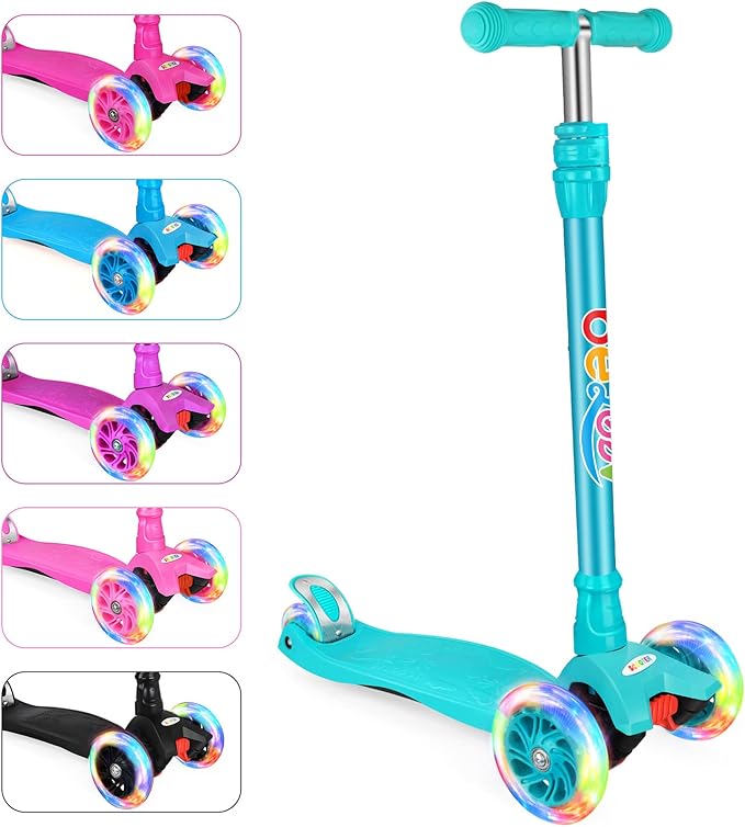 BELEEV A2 Scooters for Kids 3 Wheel Kick Scooter for Toddlers Girls Boys, 4 Adjustable Height, Lean to Steer, Light up Wheels, Extra-Wide Board, Easy to Assemble for Children Gift Sport Toys Ages 3-12