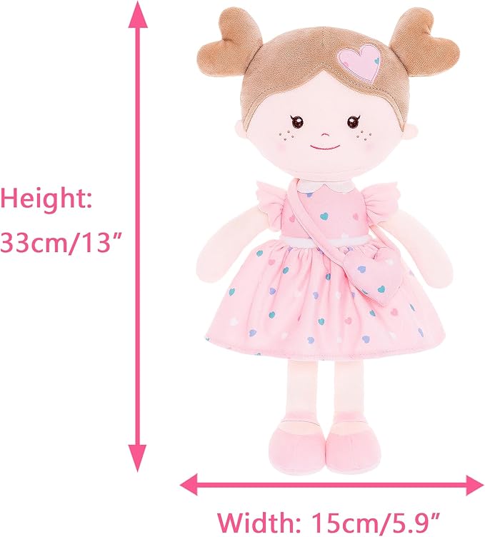Onetoo First Baby Dolls Plush Rag Doll Soft Baby Toy Girls Sleeping Cuddle Buddy Doll Wear Pink Dress 14"