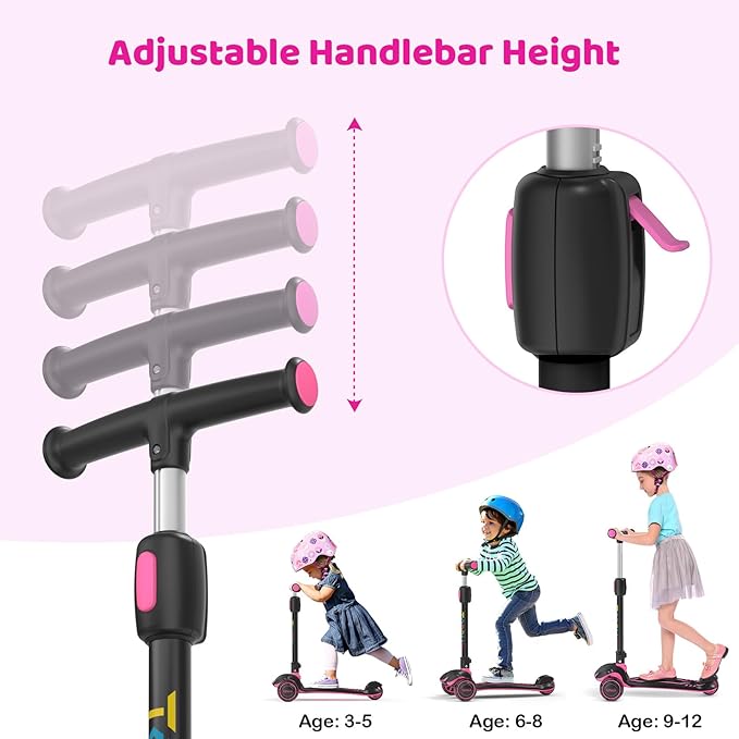 TONBUX Kids Scooter, Light Up 3 Wheel Kick Scooters for Kids 3-12, Folding Scooters with Adjustable Height - Toddler Scooter Lean-to-Steer & Widen Anti-Slip Deck