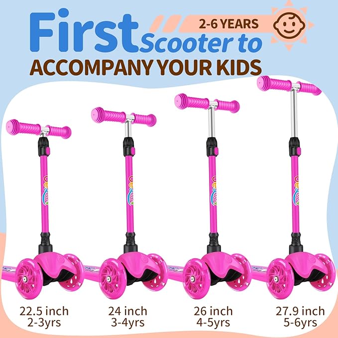 BELEEV A1 Scooter for Kids Ages 2-6, 3 Wheel Kick Scooter for Toddlers Girls Boys, Light up Wheels, Adjustable Height, Lean to Steer, Non-Slip Deck, Lightweight Push Scooter for Children