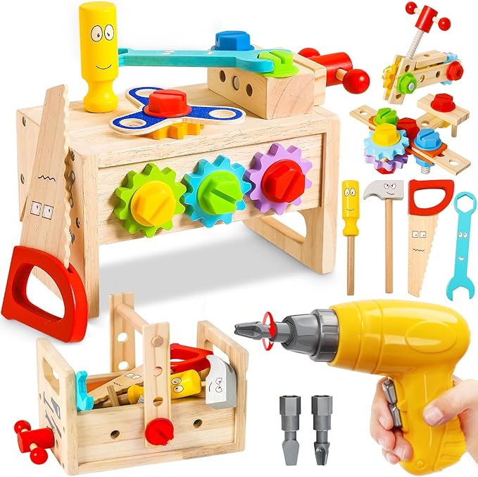 Kids Tool Set with Electric Drill, 39 Pcs Wooden Toddler Play Tool Bench Kits with Tool Box, Montessori STEM Educational Pretend Construction Toy for 3 4 5 6 Year Old Boys Girls Birthday Gifts