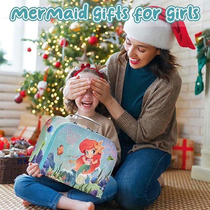 Mermaid Tea Party Set for Little Girls, Kids Party Set Toys for 3 4 5 6 Year Old Girls, Pretend Toy Tin Tea Set & Carrying Case, Princess Tea Time Kitchen Play Toys, Birthday Gifts for Girls