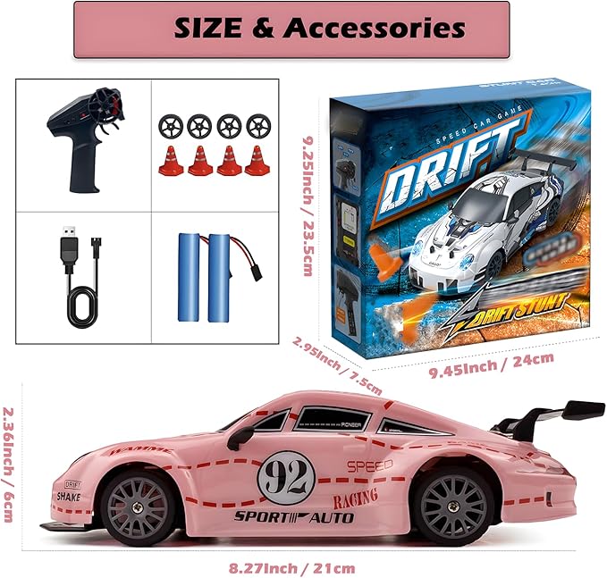RC Drift Car 2.4GHz 1:24 Scale 4WD High Speed Remote Control Cars Vehicle with LED Lights Two Batteries and Drifting Tires Racing Sport Toy Cars for Adults Boys Girls Kids Pink