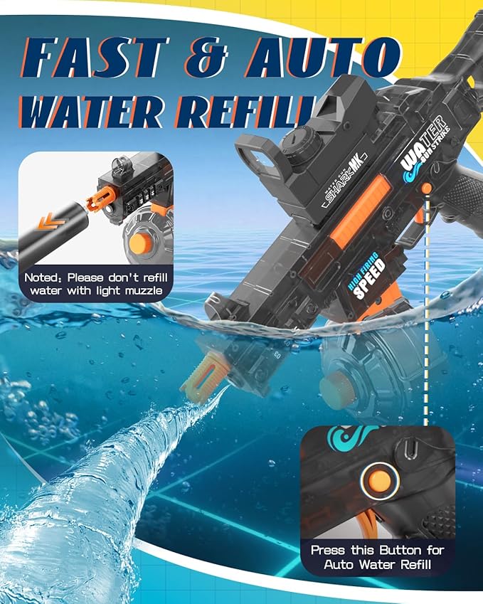 Electric Water Gun for Kids & Adults - Automatic Squirt Gun with up to 32FT Range, Built-in LED Lights & 350mL Leakproof Tank, Rechargeable Summer Pool Beach Outdoor Water Toys for Ages 3+