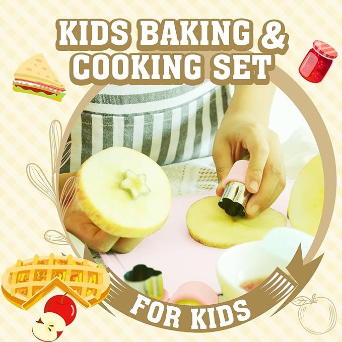 JoyTown Kids Cooking and Baking Set with Storage Case –Complete Cooking Supplies for The Junior Chef with Cookbook, Knives, Timer, Kids Baking Kit for Girls & Boys – Real Utensils Accessories - Pink