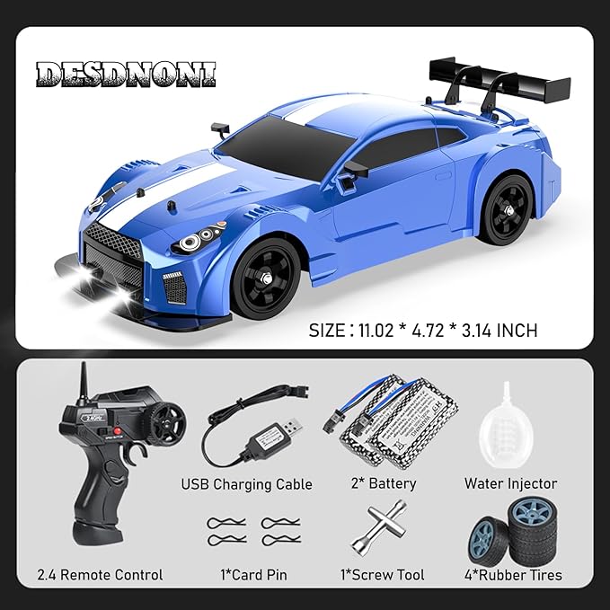Remote Control Car RC Drift Car 1:16 Scale 4WD 18KM/H High Speed Model Vehicle 2.4GHz with LED Lights Spray Rubber Tire Racing Sport Toy for Adults Boys Girls Kids Gift 2Pcs Rechargeable Batteries
