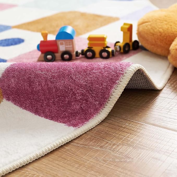 jinchan Round Rug 4ft Kids Washable Rug Colorful Trellis Indoor Floor Cover Non Slip Soft Modern Living Room Diamond Carpet for Nursery Room Bedroom Playroom Berries on Cream