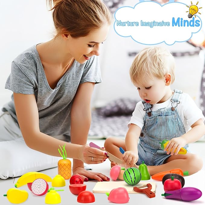 Wooden Play Food Sets for Kids Kitchen Fake Food Cutting Fruit and Vegetables Pretend Play Toddler Toys Food Montessori Toys for 3 4 5 6 7 Years Old Gifts for Boys and Girls