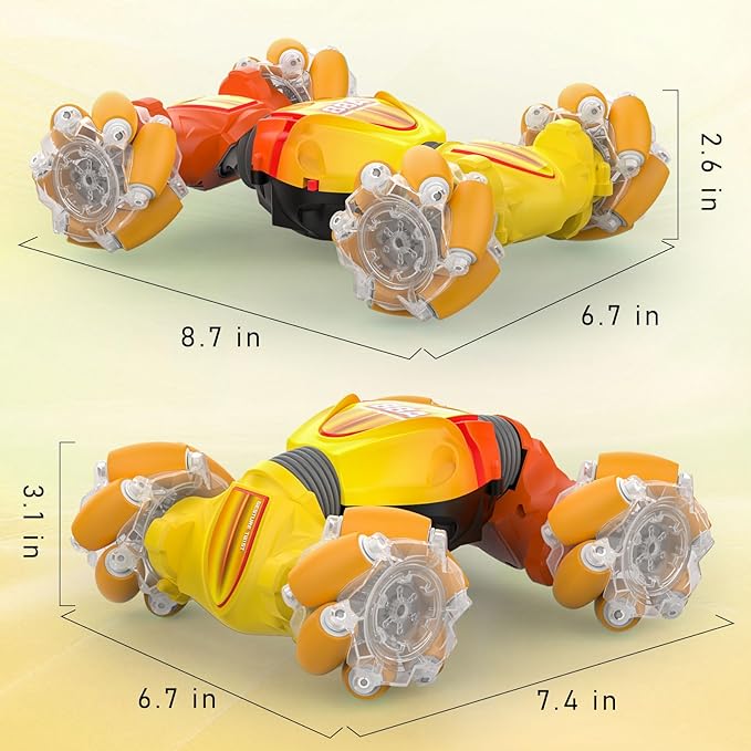 Gesture Sensor RC Cars, Hand Controlled Stunt Remote Control Car Toys for 6-12 yr Kids Boys, 2.4GHz 4WD Double Sided RC Twist Car with Lights Music, Birthday Xmas Gifts for Boys Girls, Yellow