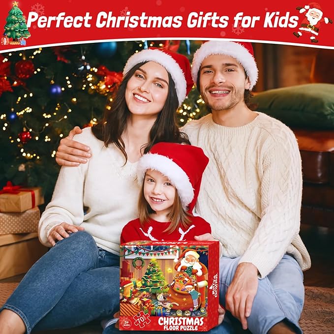 Christmas Floor Puzzles for Kids Age 4-8 & 8-10, 70Pcs Large Jigsaw Puzzles, Learn Educational Toys - Xmas Gifts for Boys & Girls
