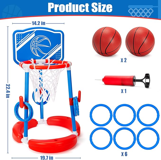 Pool Basketball Hoop, 2-in-1 Poolside Floating Pool Basketball Game, Swimming Pool Games for Kids Adults Indoor Outdoor Play, Water Play Toy Family Party, Includes Hoop, Balls, Pump, Backboard