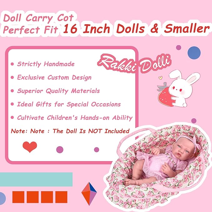 Doll Carry Cot Set, Sweet Dreams Soft Bassinet Doll Carrier Includes 1 Cot and 1 Pillow, Pink Flower Doll Bassinet, Fits for 16 Inch American Girl Dolls