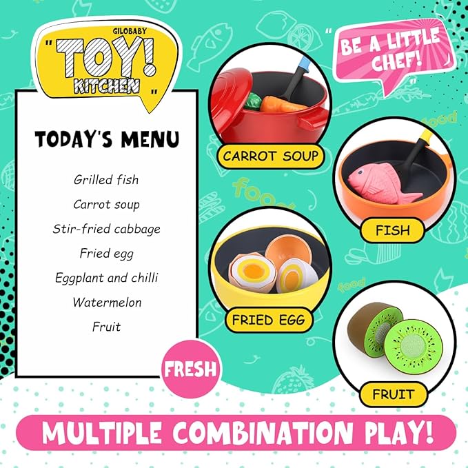 GILOBABY Play Kitchen Accessories, Play Food Sets for Kids Kitchen Playset with Pots and Pans Set, Cooking Utensils, Preschool Learning Education Toys for Toddlers, Birthday Gifts for Girls (Red)