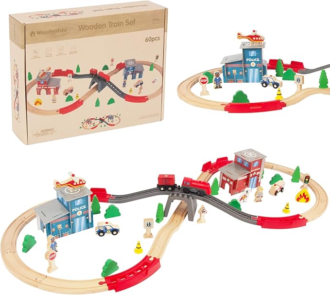 Wooden Train Set for Toddler - 60 Pcs- with Wooden Tracks fits Thomas, fits Brio, fits Chuggington, fits Melissa and Doug - Expandable, Changeable-Train Toy for 3 4 5 Years Old Girls & Boys