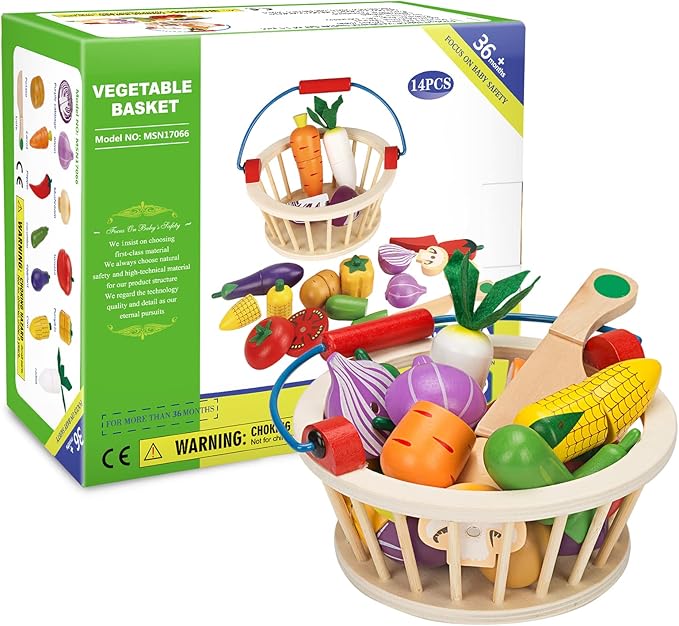 Victostar Magnetic Wooden Cutting Fruits Vegetables Food Play Toy Set with Basket for Kids