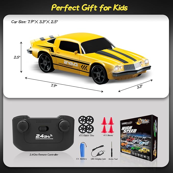1/24 2.4GHz 4WD Remote Control Drift Car for Boys Girls - Mini RC Car With Light, Rechargeable Battery, and Drift Tires - Yellow Birthday and Xmas Toy for Kids