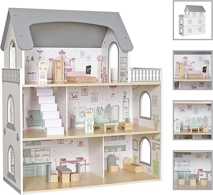 Wooden Dream Playhouse with Balcony, Doll House for Kids with Furniture, DIY Pretend Dolls Play House Toy, Girls Dollhouses Toys with 12 PCS Accessories, Birthday Gifts for Boys & Girls Ages 3+