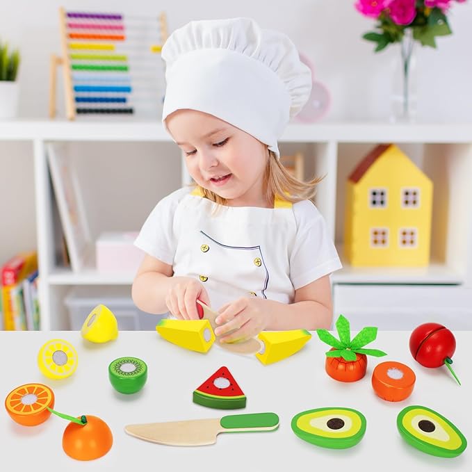 Wooden Play Food Toy Set for Kids Kitchen - 30 Pcs Montessori Cutting & Color Sorting Fake Fruit Accessories with 4 Boxes, Play Toys for Toddlers 3, Birthday Gifts for Boys Girls