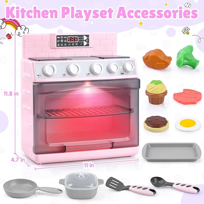 PLAY Toy Oven Kids Kitchen Playset, Kids Play Kitchen Set with 11 Accessories, Realistic Cooking Sounds & Lights, Pretend Play Oven Toddler Cooking Gift Set for Girls Boys Ages 3+