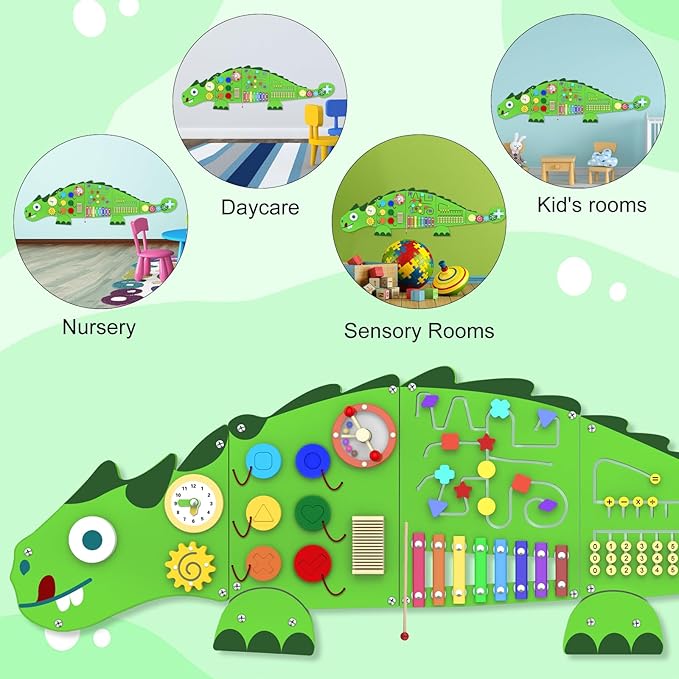 Activity Wall Panels for Kids: Dinosaur Sensory Wall Board for 3+ Years with 10 Activities - Wooden Decor for Toddler Playrooms Bedrooms Daycares