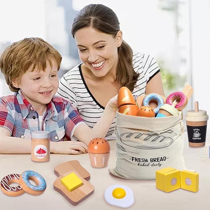 Wooden Bakery Playset Food Toys, Kids Pretend Play Food Baking Set Kitchen Accessories with Storage Bag, Pretend Play Bread Cutting Food for Boys Girls 3+