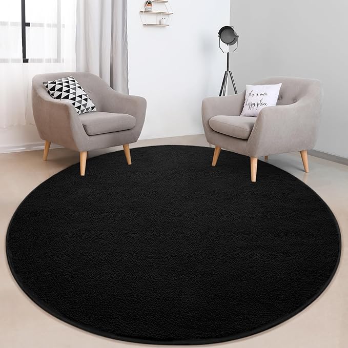 FlyDOIT Round Area Rugs for Bedroom Living Room, 5x5 Black Super Soft Comfy Thickened Memory-Foam Indoor Circle Carpet, Modern Aesthetic Minimalist Carpet for Boys Girls Adults Nursery Home Décor