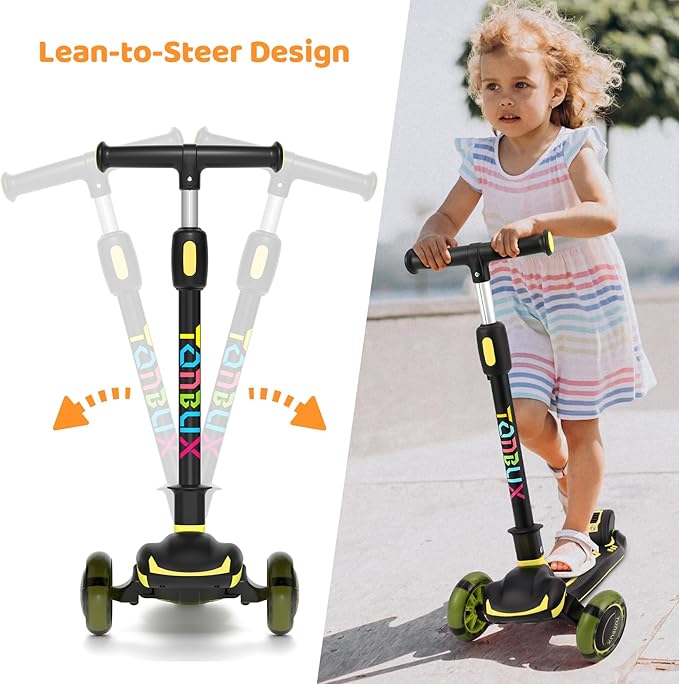 TONBUX Kids Scooter, Light Up 3 Wheel Kick Scooters for Kids 3-12, Folding Scooters with Adjustable Height - Toddler Scooter Lean-to-Steer & Widen Anti-Slip Deck