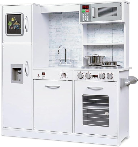 Lil' Jumbl Kids Kitchen Set, Pretend Wooden Play Kitchen, Battery Operated Icemaker & Microwave with Realistic Sound, Pots & Pan Included - White