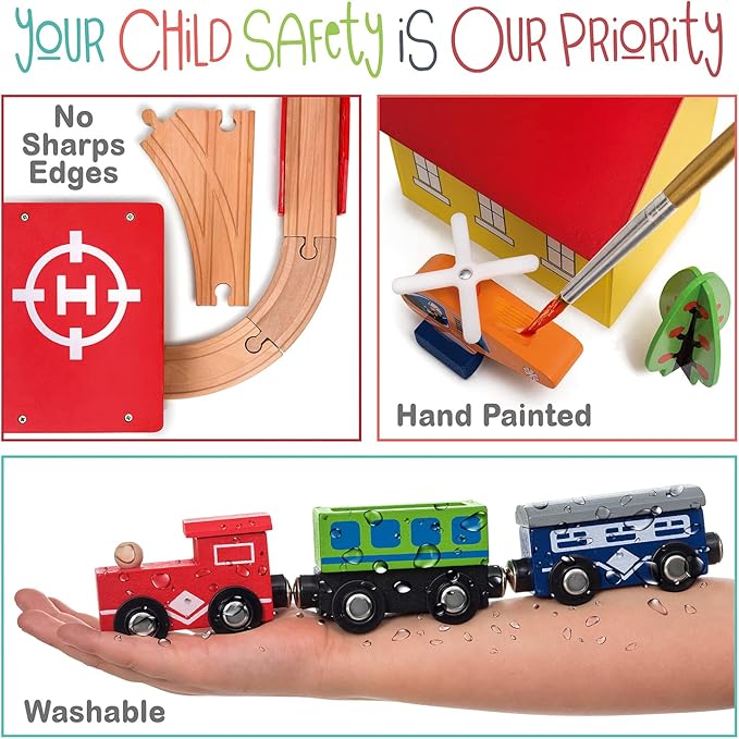 Wooden Train Set - 69 Pieces Wooden Train Tracks & Trains for Kids, Toddler Boys and Girls 3,4,5 Years Old and Upโ Premium Wood Construction Toys -Fits Thomas, Brio, IKEA, Melissa and Doug