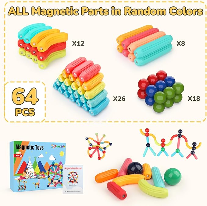 64PCS Magnetic Building Blocks - Montessori Sensory Toys with Stronger Magnets, STEM Learning Toys for Kids, Creative Construction DIY Kit Gift for Boys & Girls
