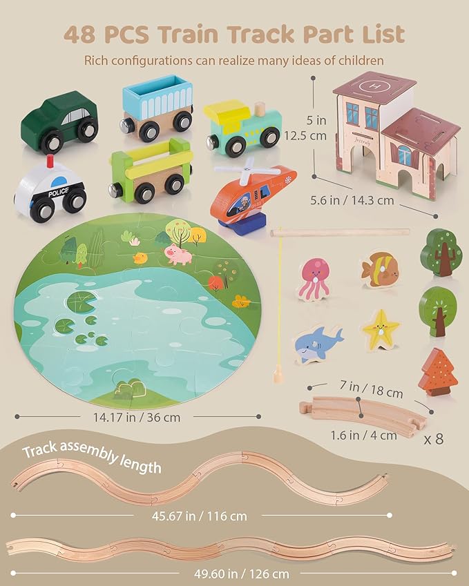 Wooden Train Track Set - 48-Piece Toy Train Tracks Compatible with Thomas, Brio, Melissa & Doug - Includes Fishing and Puzzles for Toddlers 3-8 - Educational for Fun Playtime