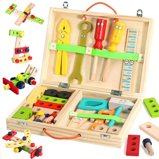 TONZE Kids Tool Set Wooden Toddler Tools Montessori Toys for 3 4 Year Olds, 34 PCS Educational STEM Construction Toys Pretend Play Toddler Tool Set Birthday Gift for Age 3-4 Boys & Girls