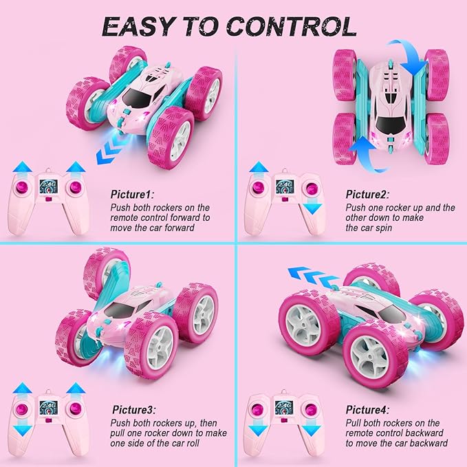 RC Cars, Pink Remote Control Car for Girls, 2.4 GHZ Double Sided RC Stunt Car 360° Rotating Remote Control Crawler with Headlights Car Toys for 6 7 8 9 10 11 12 Girls Birthday Gift