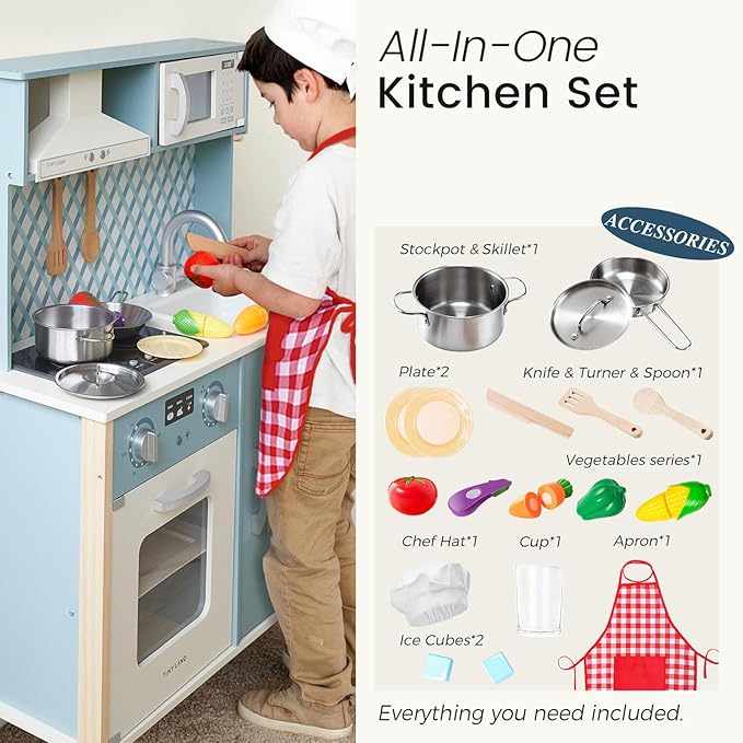 Tiny Land Play Kitchen for Kids, Wooden Kids Play Kitchen Playset Chef Pretend Play Set for Toddlers with Real Lights & Sounds, Toys Kitchen with 18 Pcs Toy Food & Cookware Accessories