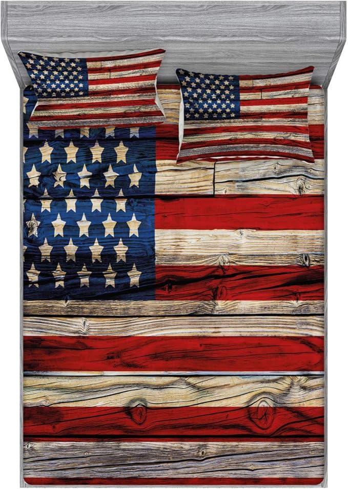 Ambesonne 4th of July Fitted Sheet & Pillow Sham Set, Wooden Planks Painted as United States Flag Patriotic Country Style, Decorative Printed 3 Piece Bedding Decor Set, Full, Red Beige Navy Blue