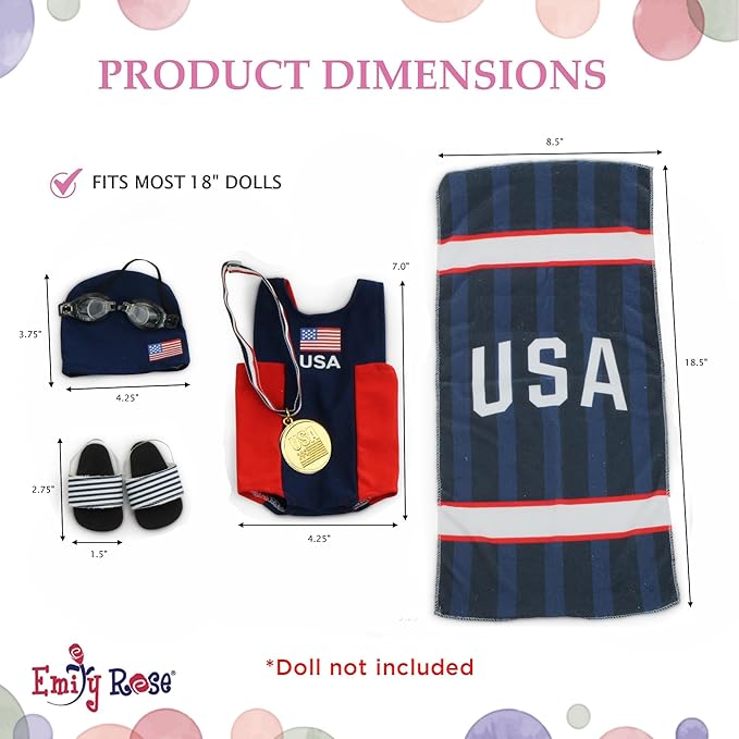 Emily Rose 18-Inch Doll Clothes 6-Piece USA Competition Bathing Suit Swimsuit and Accessories, Including Medal & Goggles | Gift Boxed! | Compatible with 18" American Girl Dolls | Doll Not Included
