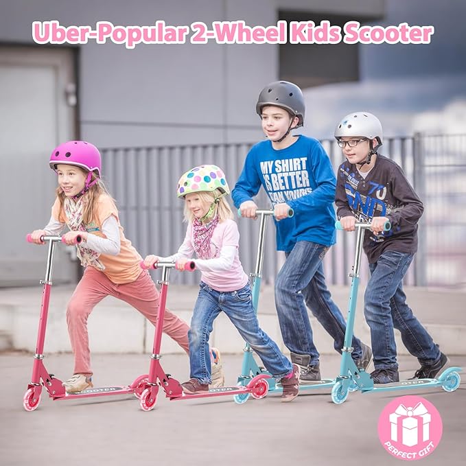 Scooters for Kids 3-5, Kick Scooter Foldable, 2 Wheel Scooter with Fun Light Up Wheels, 24-28 Adjustable Handlebar, Heavy Duty Steel Frame, Outdoor Smooth Riding, Max 90 lb, Girl Birthday Gift