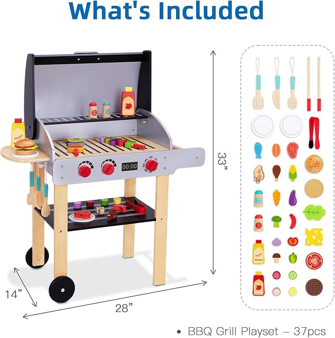 Wooden Play Barbecue Toy Grill, Kids Grill Playset with Toy Food and Grilling Tools, Play Kitchen Accessories for Toddlers Boys Girls Age 3+