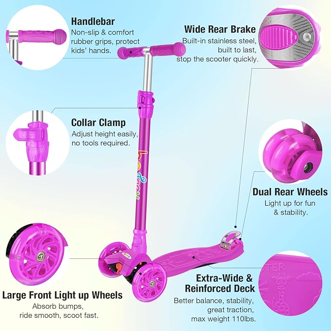 BELEEV A2 Scooters for Kids 3 Wheel Kick Scooter for Toddlers Girls Boys, 4 Adjustable Height, Lean to Steer, Light up Wheels, Extra-Wide Board, Easy to Assemble for Children Gift Sport Toys Ages 3-12