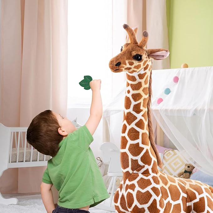 Giant Stuffed Giraffe Animal Set, 47 Inch Large Giraffe Plush Toy for Kids with Bird & Basket & Leaves & Card, Toddler Lifelike Standing Toys Stuffed Animal Gift for Girls Boys