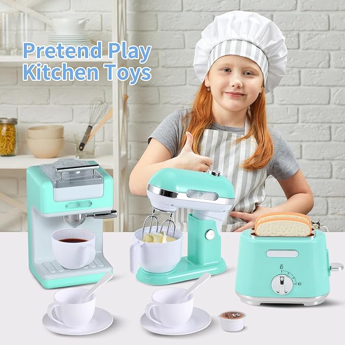 Pretend Play Kitchen Set for Kids Ages 4-8, Toy Kitchen with Realistic Lights and Sounds, Mini Cooking Appliances, Play Food Accessories, Durable Kids Kitchen Toys for Girls & Boys (Green)
