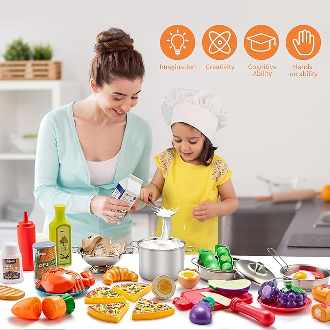 Pretend Play Accessories - 52pc Kids Kitchen Playset with Play Food, Stainless Steel Cookware, Toys Pots and Pans, Toddler Kitchen Set with Cuttable Toy Food - Boys and Girls Gift